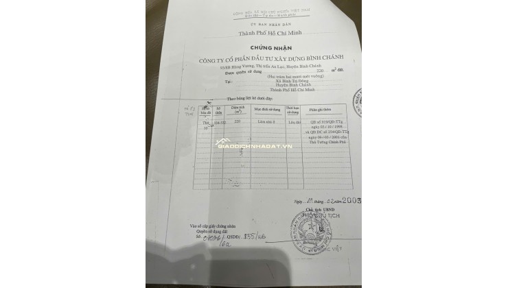 BÁN ĐẤT NỀN ĐẤT BIỆT THỰ PHƯỜNG BÌNH TRỊ ĐÔNG B, DT 220M2 SHR  25 TỶ. LH: A. SƠN -0901181789